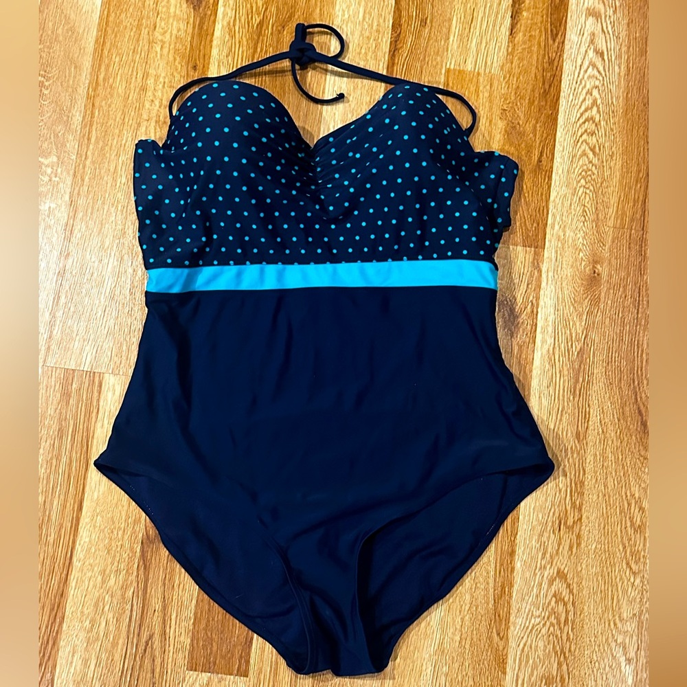Gap Body Women’s one piece swimsuit navy blue aqua dots size XL